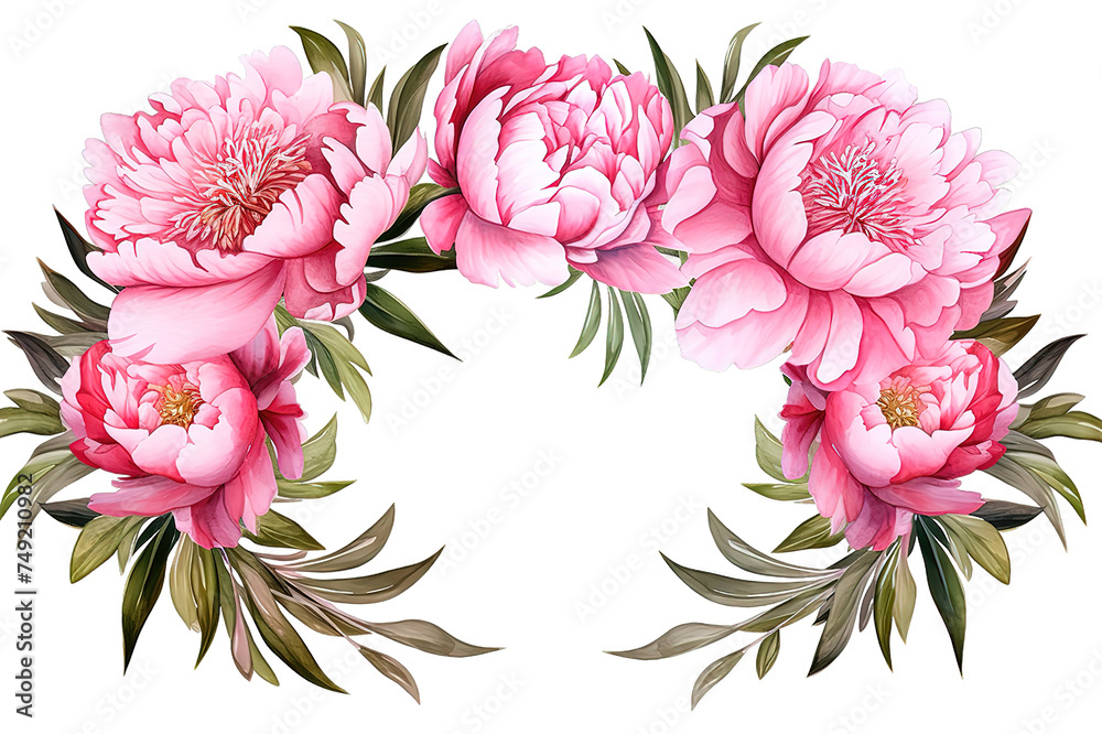 Round watercolor bouquet. Pink flowers wreath isolated on PNG Background. Generative Ai.