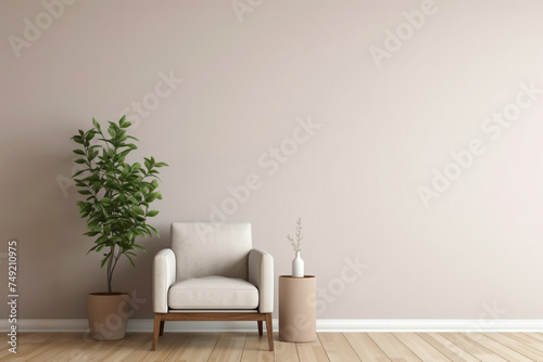 Minimalistic single chair surrounded by neutral tones  adorned with a lush plant  opposite a blank frame for copy.