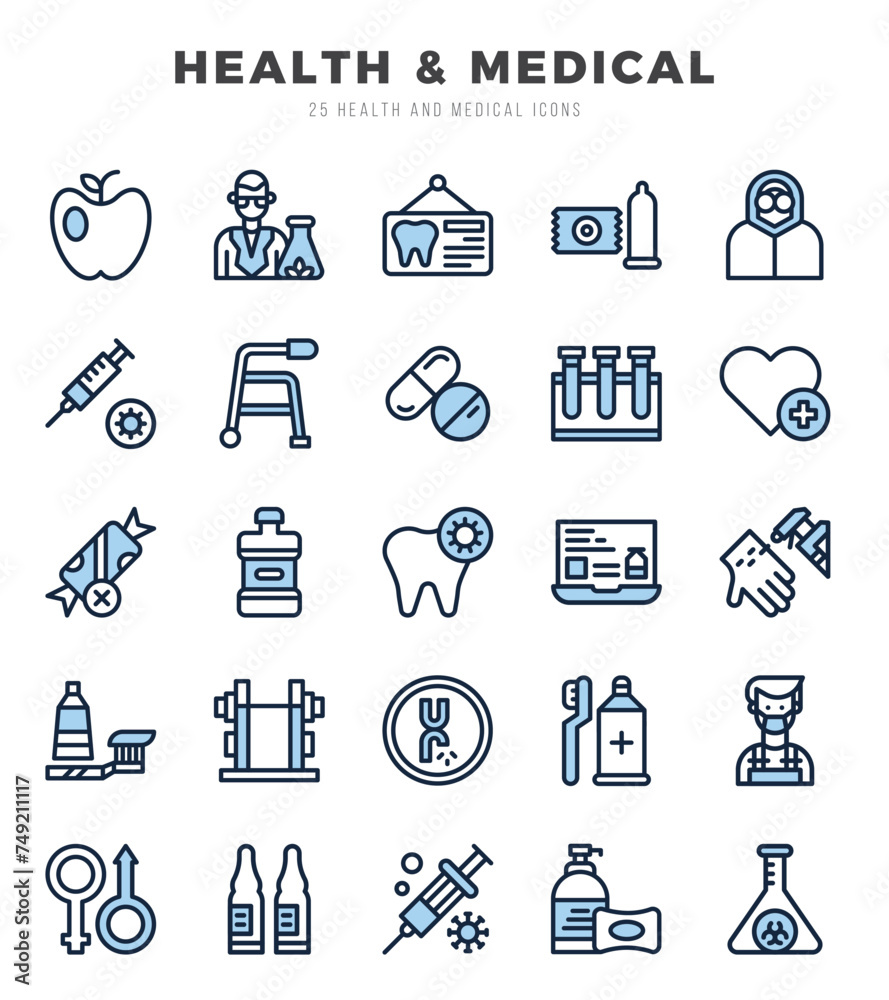 HEALTH & MEDICAL Icons Pack. Two Color icons set. Two Color icon collection set. Simple vector icons. HEALTH & MEDICAL Icons Pack. Two Color icons set. Two Color icon collection set. Simple vector icons.