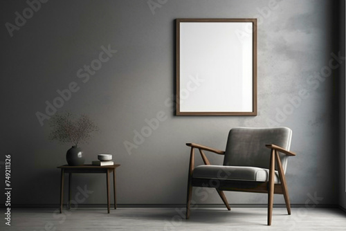 Minimalist living room ambiance  centered around a lone chair  a touch of nature  and an open frame for text.