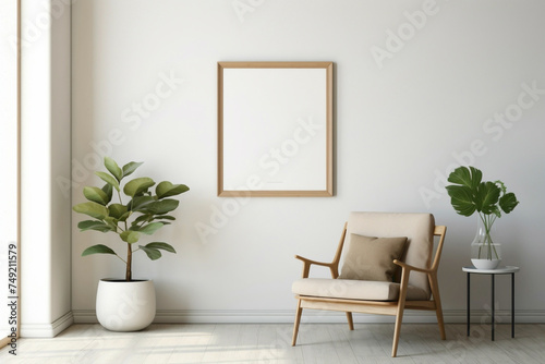 Bask in the simplicity of a Scandinavian-inspired living space featuring a wooden chair, a green plant, and a blank frame awaiting your expression.