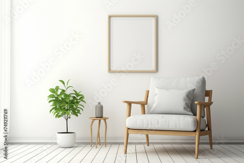 Find serenity in a Scandinavian living room with a wooden chair, a green plant, and an empty frame ready for your creative expression.