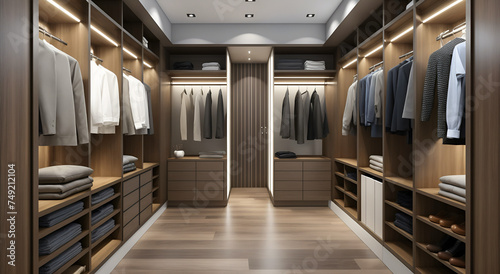 Modern walk-in closet with elegant wood finishes and organized clothing