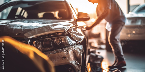 A broken car in the garage after an accident photo