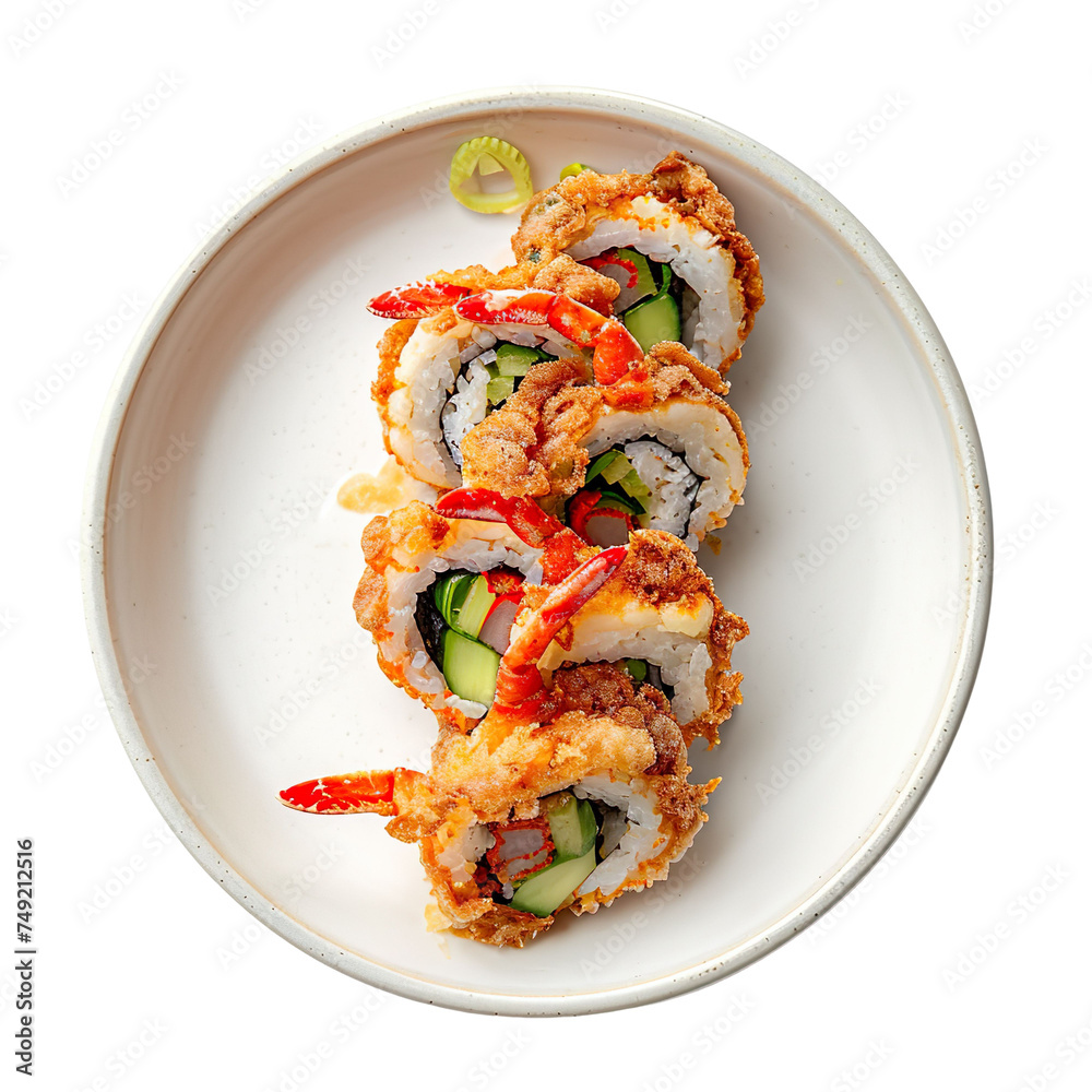 top view of a delectable Soft Shell Crab Roll showcased on a minimalist Japanese dish, food photography style isolated on a transparent white background top view of a delectable Soft Shell Crab Roll showcased on a minimalist Japanese dish, food photography style isolated on a transparent white background