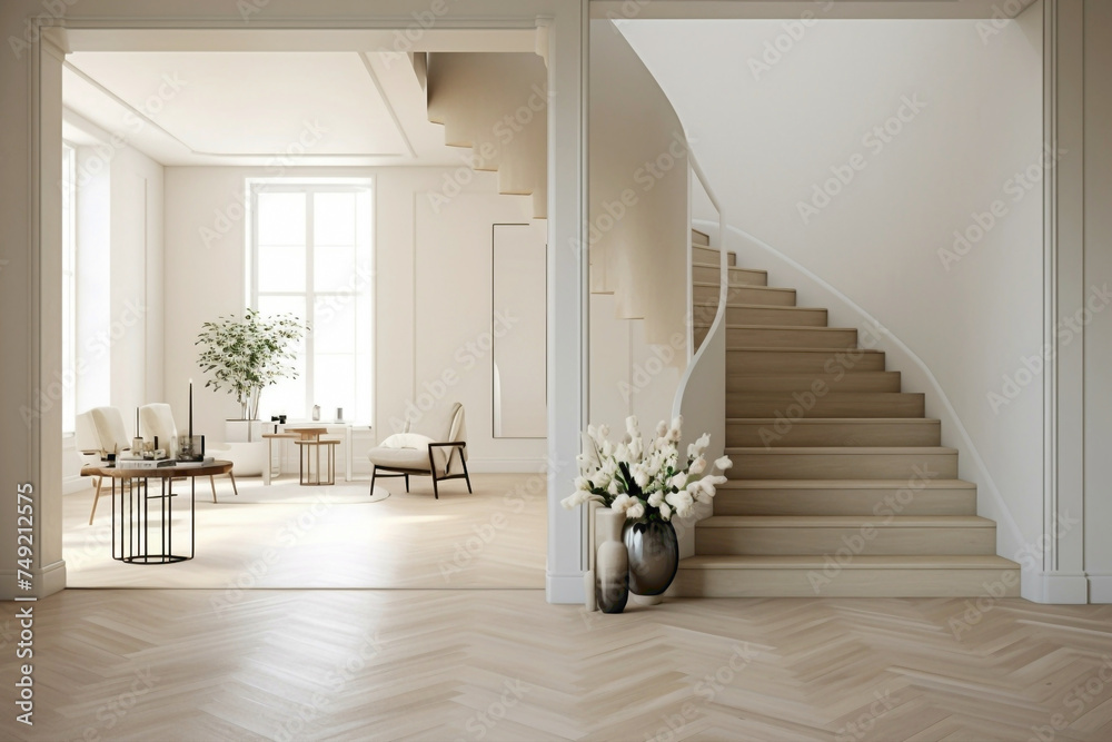 Elegant beige staircase in a Scandinavian dwelling, where each step ...