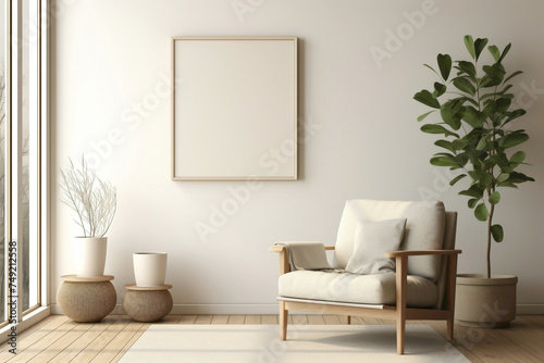 Beige and Scandinavian-inspired living room, showcasing a chair, plant, and an open frame ready for your custom words.