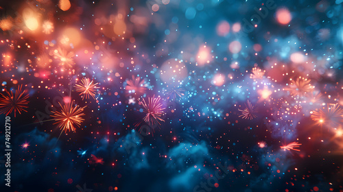 Fireworks light up the sky with red  blue  and gold colors. The background is filled with dark blue and red lights.