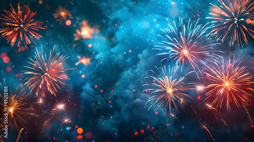 Fireworks light up the sky with red, blue, and gold colors. The background is filled with dark blue and red lights.