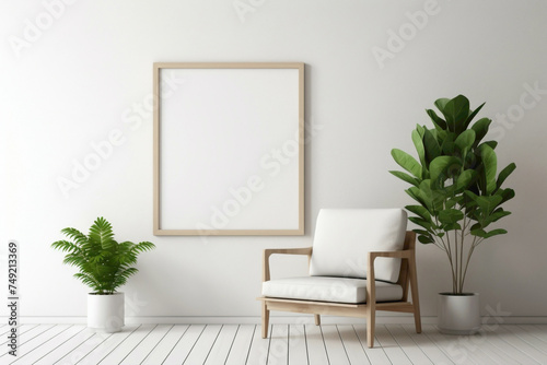 Clean and modern living area with a single chair  greenery  and an empty frame ready for your custom messages.