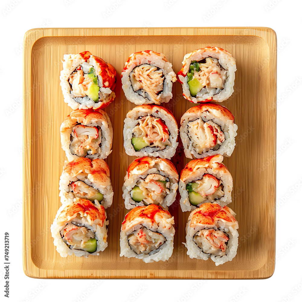 top view of a mouthwatering Lobster Roll sushi displayed on a traditional Japanese wooden tray, food photography style isolated on a transparent white background. top view of a mouthwatering Lobster Roll sushi displayed on a traditional Japanese wooden tray, food photography style isolated on a transparent white background.