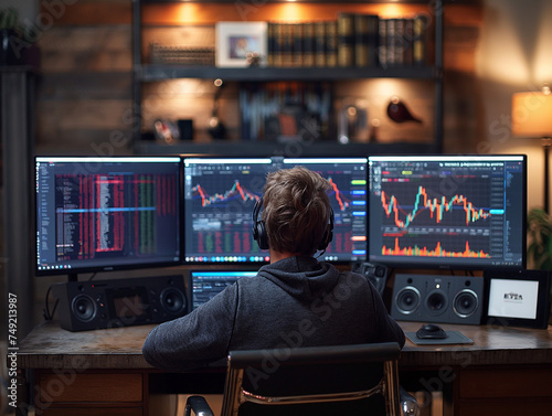 Rear view of a man intently analyzing stock graphs displayed on multiple monitors, engaging in a meticulous examination of market trends and data for strategic decision-making.