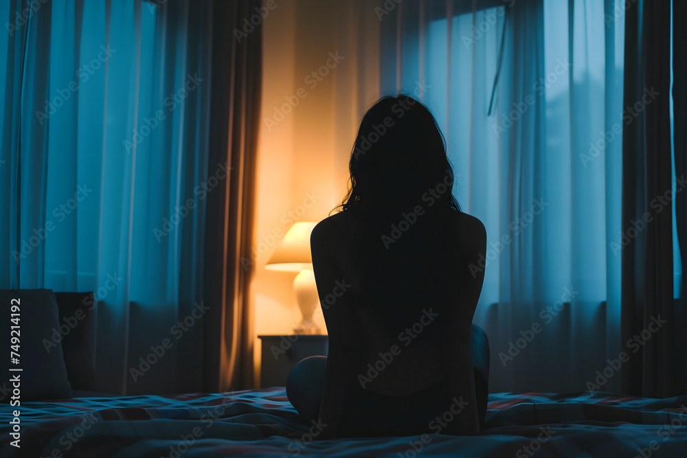 Silhouette woman sitting on the bed in the dark room with lamp, Sad ...