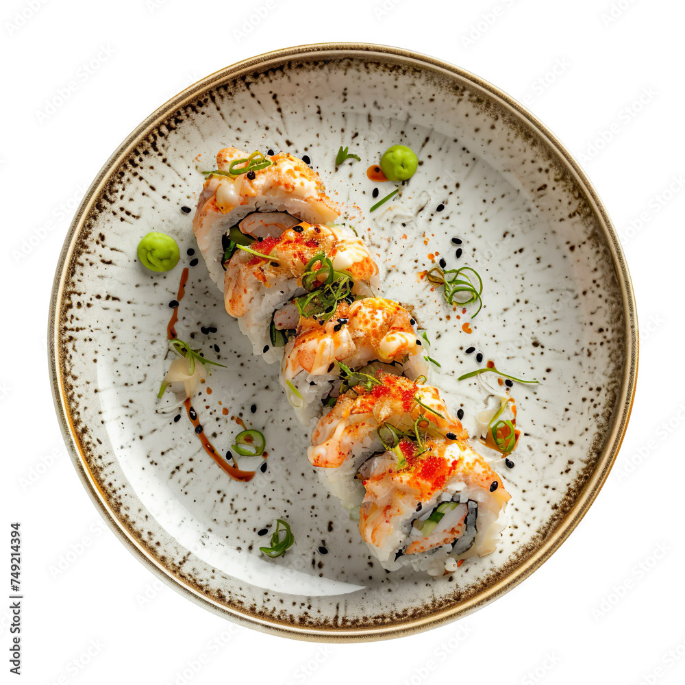 top view of a tantalizing Lobster Tempura Roll on a classic Japanese porcelain plate, food photography style isolated on a transparent white background. top view of a tantalizing Lobster Tempura Roll on a classic Japanese porcelain plate, food photography style isolated on a transparent white background.