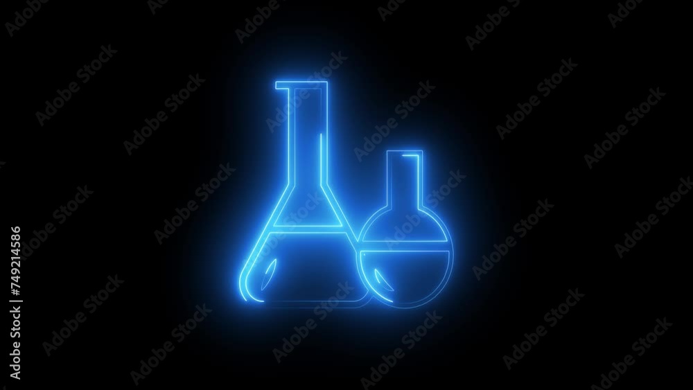 Neon Test tube and and beaker icon animation. Chemistry flask and falling drop. 4K Video motion graphic animation