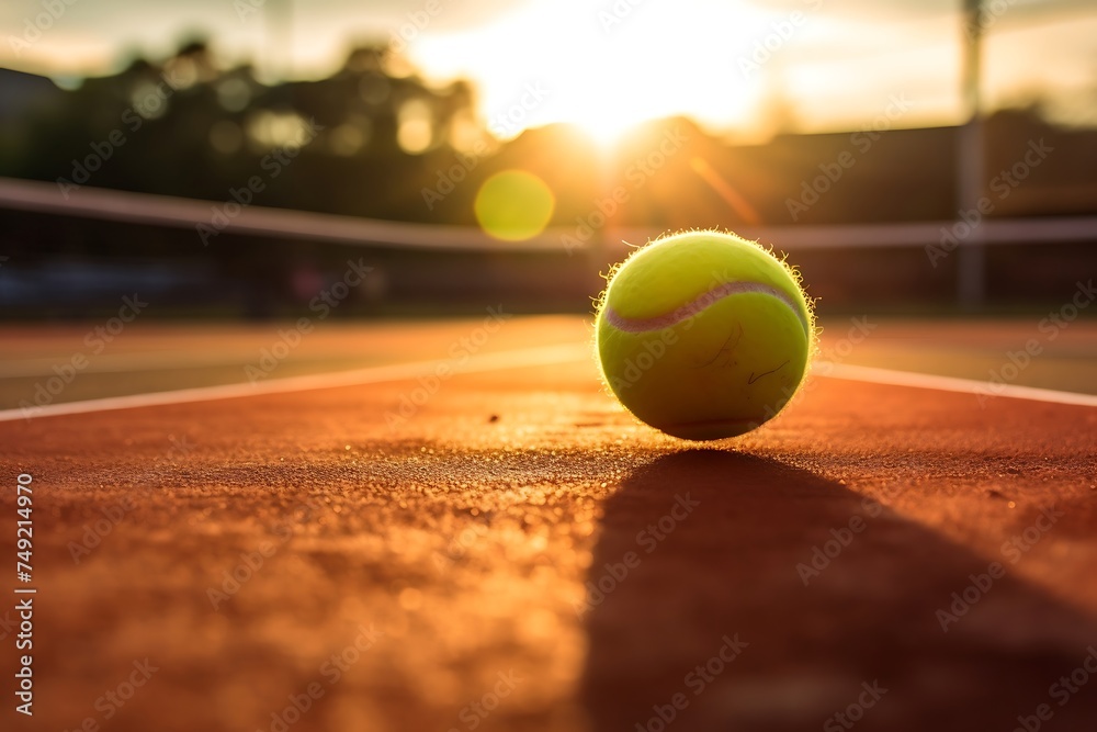 Tennis ball on tennis court at sunset
