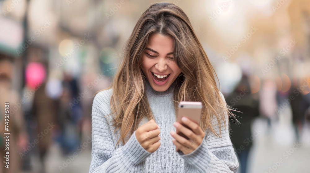 cheerful young woman in an urban setting, deeply engaged with her smartphone, her joyful expression suggesting she has just received some exciting news or message.