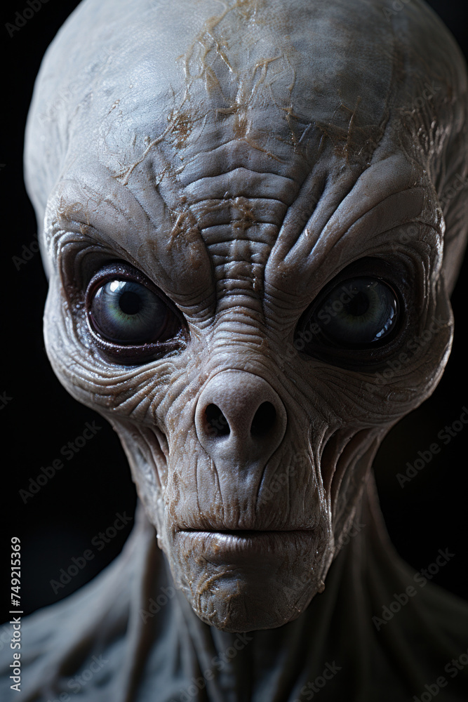 A classic ET grey alien, full body visible, head to toe, lean limbs, very large cranium, grey skin, large eyes.