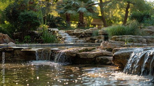 waterfall in the garden, beautiful landscape with pond and green plants