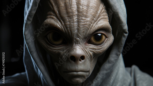 A classic ET grey alien, full body visible, head to toe, lean limbs, very large cranium, grey skin, large eyes. photo