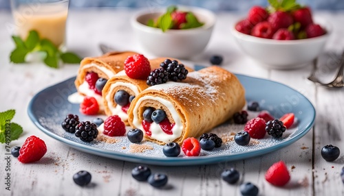 pancake swiss roll with berries and greek yogurt cream