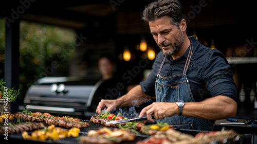 A family making barbecue in the garden on a sunny day.