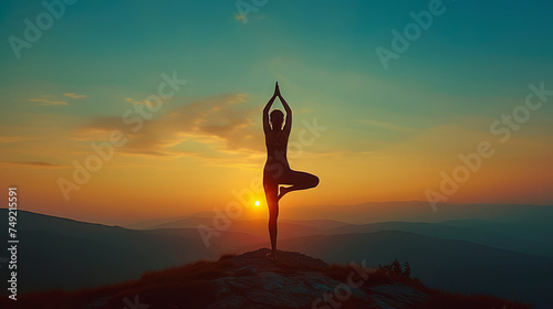 Woman practicing yoga on the top of a mountain. 3d render