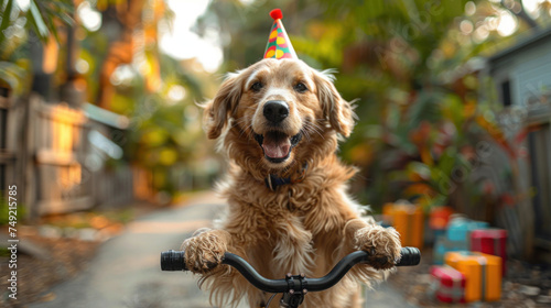 A happy Welsh Springer Spaniel on a unicycle, wearing a party hat, surrounded by colorful birthday presents, set in an outdoor summer birthday party atmosphere.