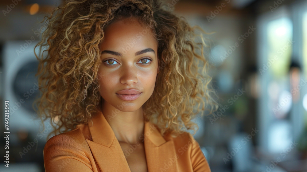 A professional woman in a trendy peach fuzz color office suit standing confidently in her office with copy space A professional woman in a trendy peach fuzz color office suit standing confidently in her office with copy space