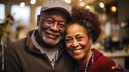 A middle-aged african-american couple hugging, in a living room environment, candid
