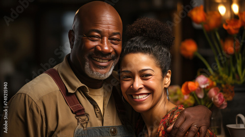 A middle-aged african-american couple hugging  in a living room environment  candid