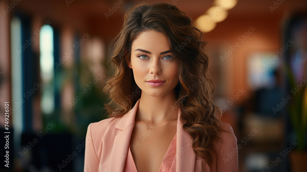 A professional woman in a trendy peach fuzz color office suit standing confidently in her office with copy space A professional woman in a trendy peach fuzz color office suit standing confidently in her office with copy space