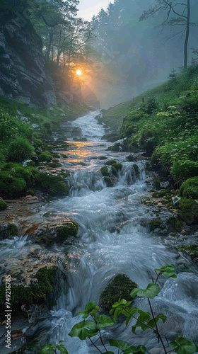 Amazing of spring mountains in europe,a small waterfall,spring,sunrise,fog,blue hour,soft light