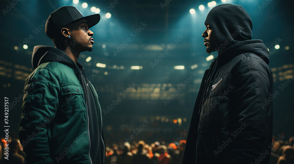 Two rap singers engaged in a battle rap in the middle of the empty stadium stage - obrazy, fototapety, plakaty 