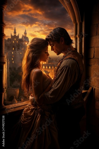 Renaissance Couple in Romantic Castle Embrace