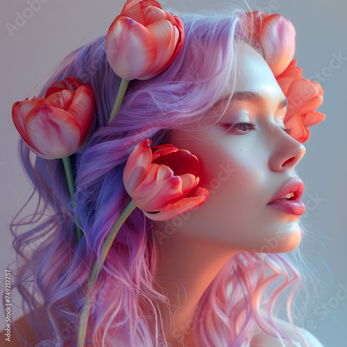 Fashion portrait of a beautiful woman with flowers in her hair. Beauty, fashion.