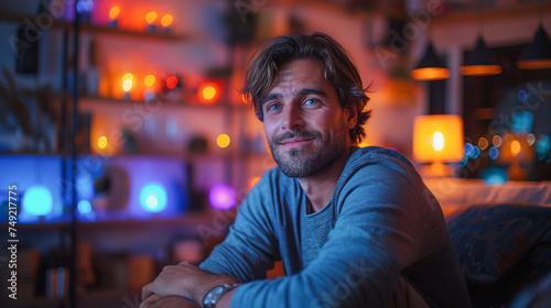 handsome caucasian man in living room with many colored lamps