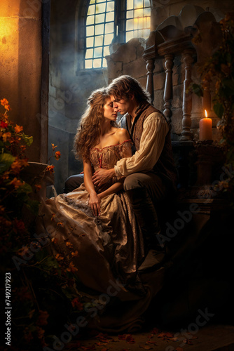 Renaissance Couple in Romantic Castle Embrace
