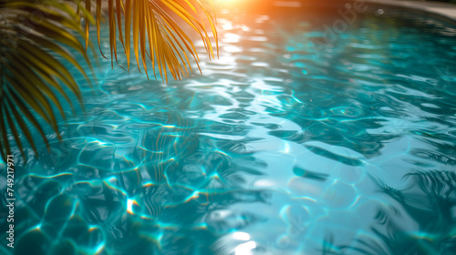  Tropical palm leaves floating in a swimming pool.