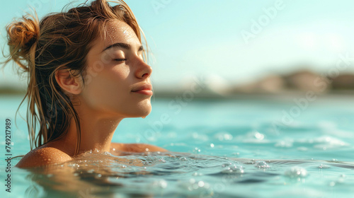 Close-up portrait of a beautiful young woman relaxing in the swimming pool.