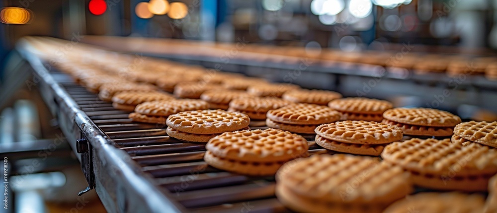 Modern bread industrial method using an automated conveyor line to produce waffle cookies