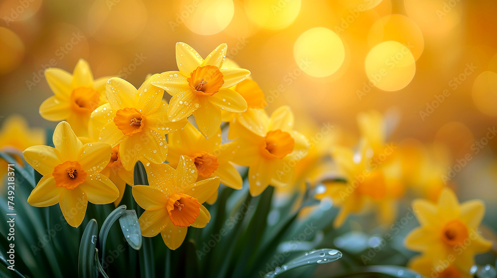 Obraz premium Yellow daffodils in the garden with bokeh background