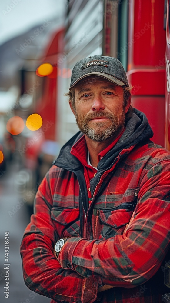 In front of his semi tractor is a commercial truck driver.