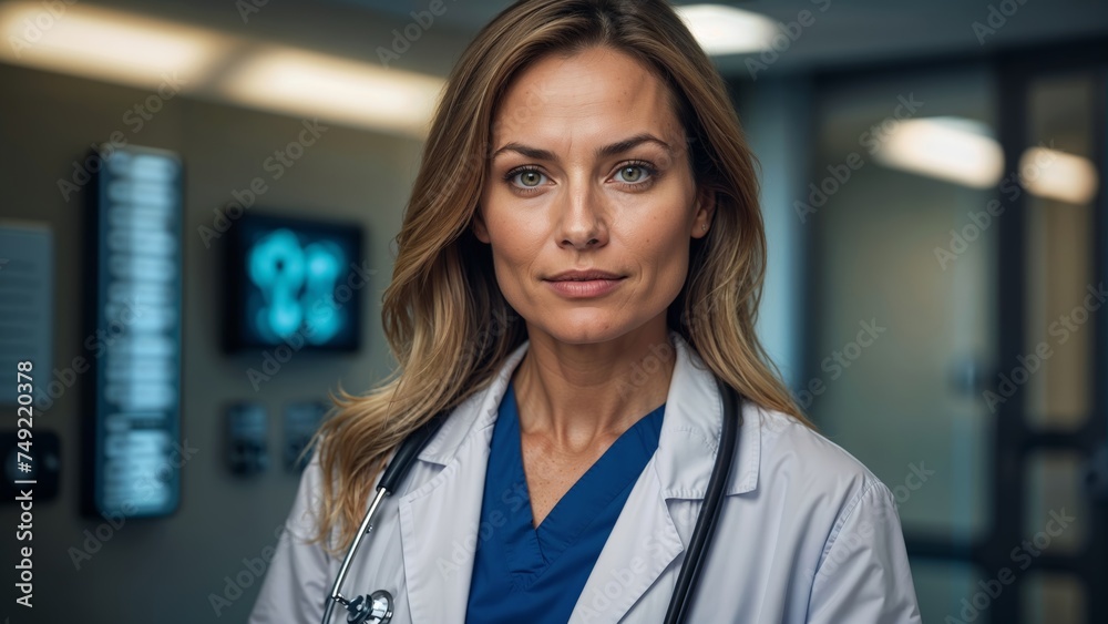 Portrait of confidence female doctor with stethoscope standing in the hospital corridor
