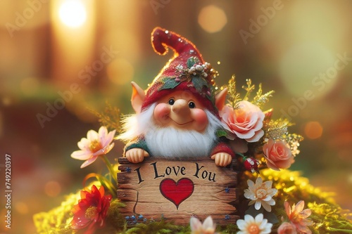 A gnome holding a sign that says  I love you  in front of a flower arrangement