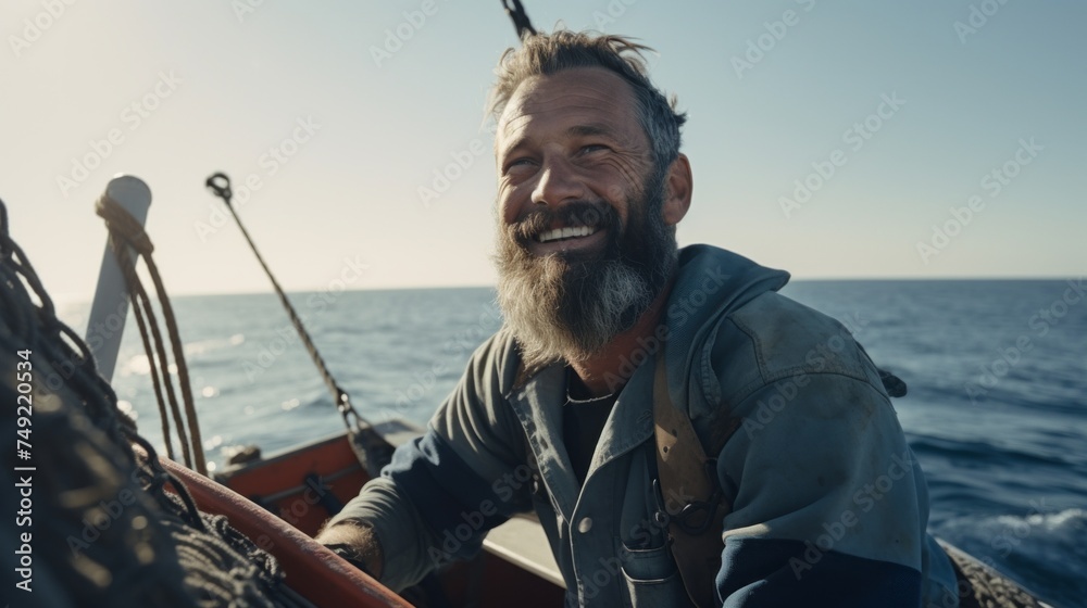 Obraz premium The fisherman catches fish in the sea. Hard work. Fishing net, boat, sea, fish.