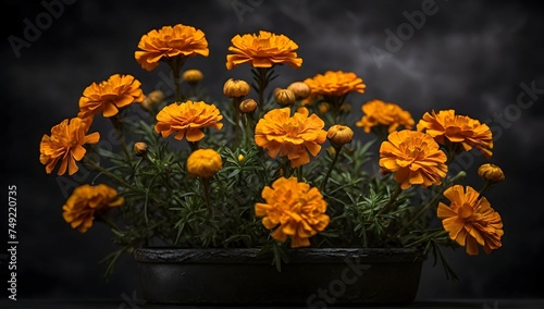 A vibrant marigold bush stands tall against a dark, moody background, its petals reaching towards the sky in a vertical shot.