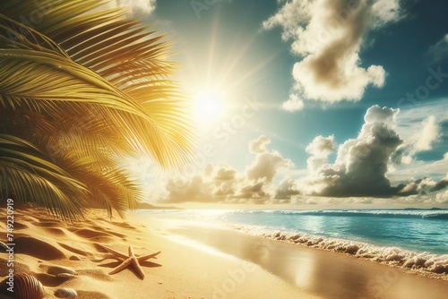A beach scene with palm trees and cloudy sky