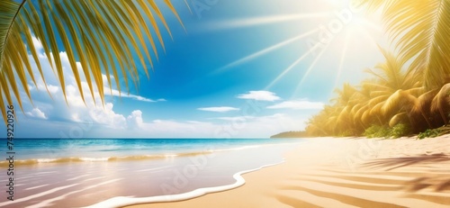 A beautiful beach scene with palm trees and clear blue sky © Екатерина Переславце