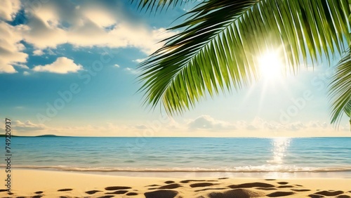 A palm tree is in the foreground beach with the ocean in the background